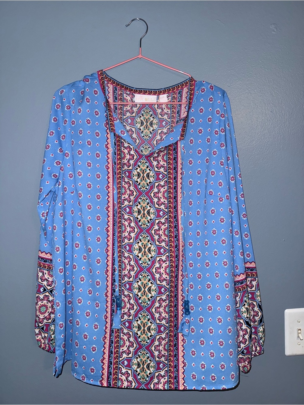Belle by Kim Gravel Blue Printed V-Neck Tunic with Pink Accents